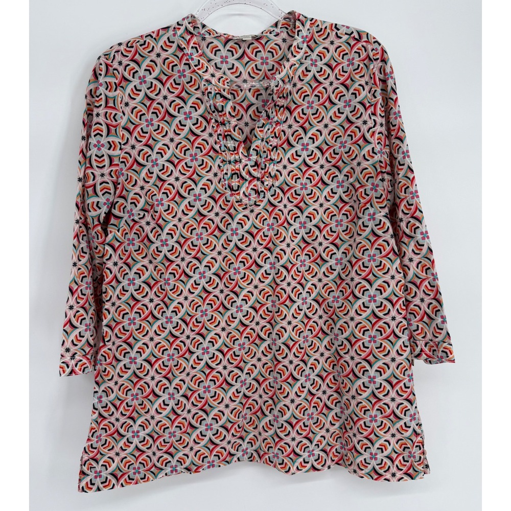 Talbots Womens Sz M Pink Geometric Medallion Cotton Tunic 3/4 Sleeve Top